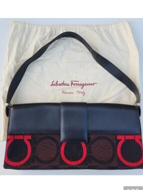 Salvatore Ferragamo Gancini Canvas Leather Black Brown Red Auth